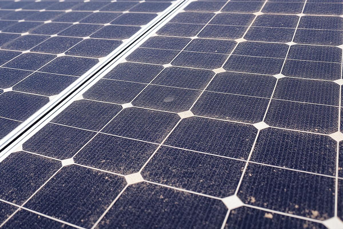 Solar panels before cleaning — covered in dust