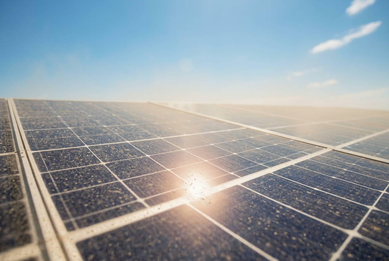 The same solar panels before cleaning — covered in a layer of dust